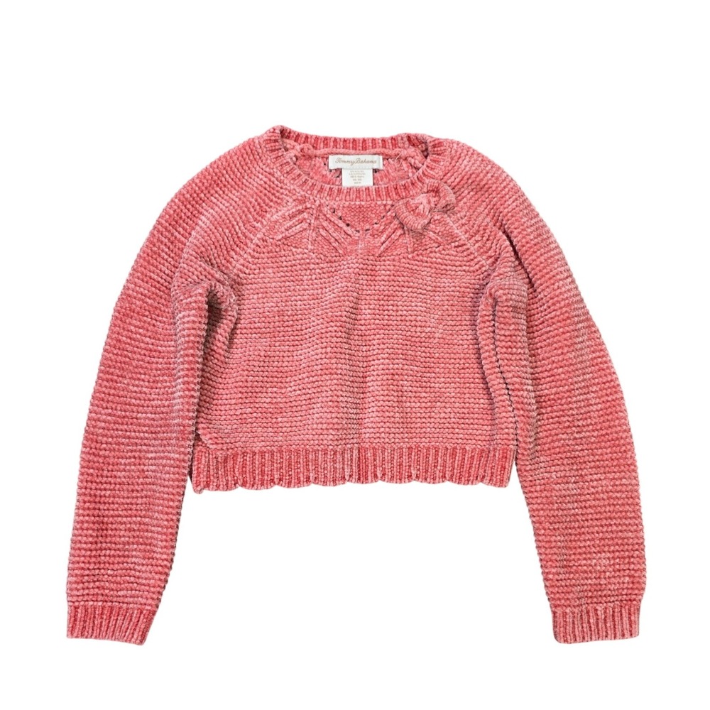 Tommy Bahama Chenille Knit Sweater Girl's Size S (5/6) Coral Pink Bow Detail